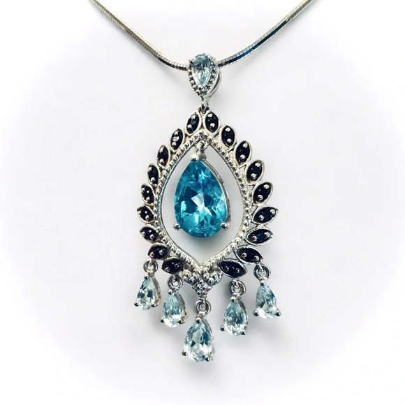 Swiss Blue Topaz|Aquamarine|Onyx Chandelier Sterling Silver Pendant - Picture 5 of 13